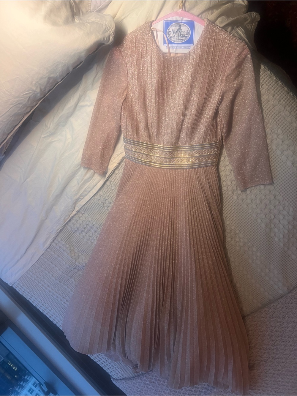Vintage-Inspired Rose Gold Pleated Maxi Dress with Metallic Waistband